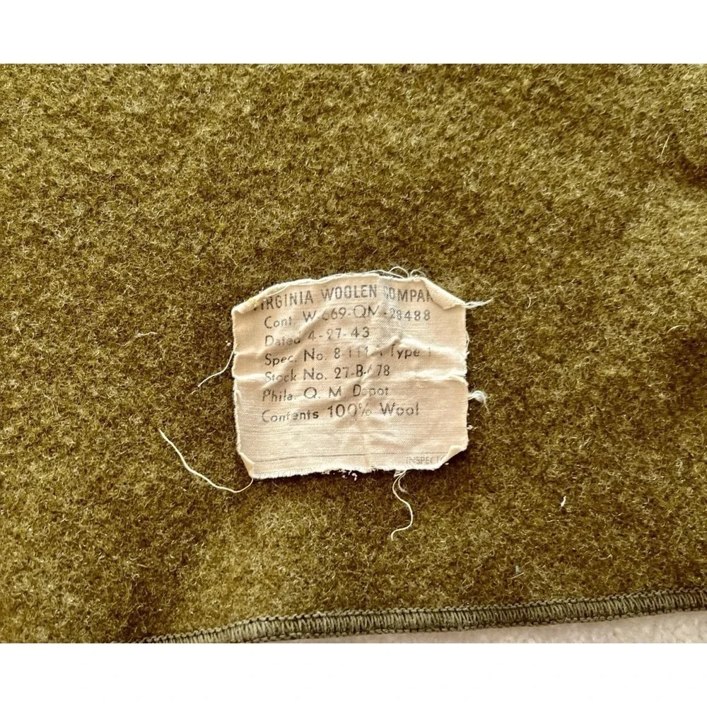WW11 US Army Wool Blanket 1943 Virginia Woolen Co Olive Drab 66x84 QM Tag 1 Hole